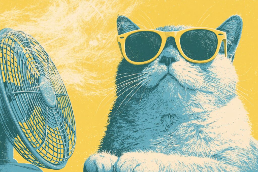 扇風機の前でサングラスをかけてクールに涼む猫のイラスト|体を冷ます汗対策のイメージ|整体サロンulurido(ユルリド)