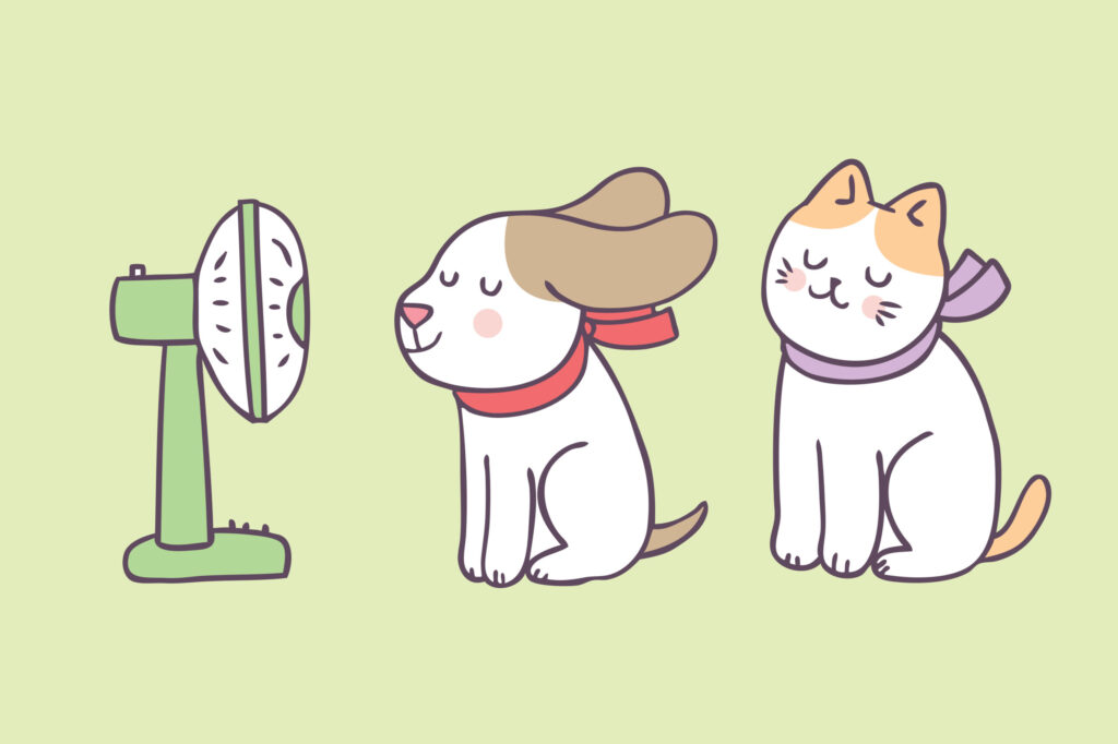 扇風機で涼む犬と猫のイラスト|体を冷ます汗対策のイメージ|整体サロンulurido(ユルリド)