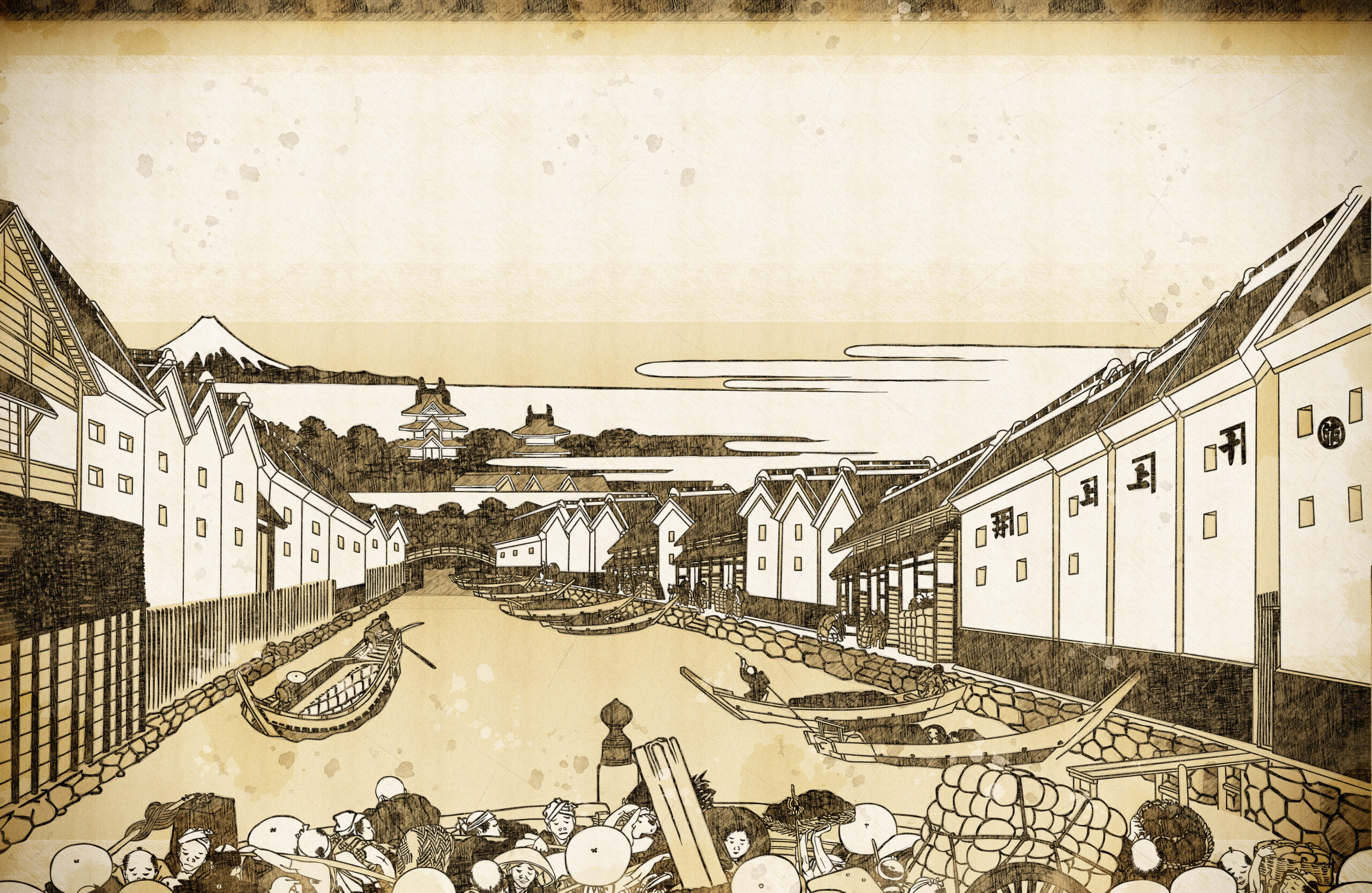 江戸時代の街並みイラスト|令和と江戸時代の情報量を比較するコラムのアイキャッチ|整体サロンulurido(ユルリド)