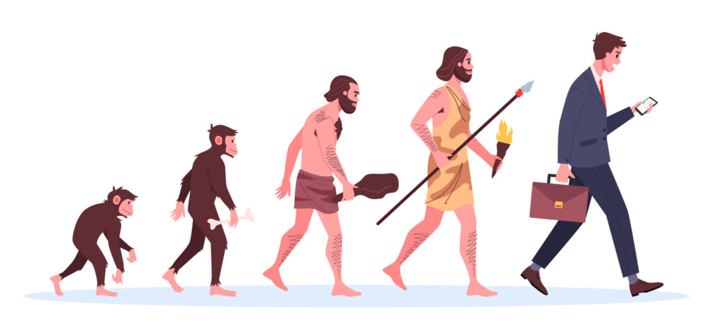 猿から現代人へと進化する人類のイラスト|脳の進化と情報量の増加を表すイメージ|整体サロンulurido(ユルリド)