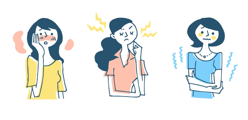 更年期障害の代表的な症状(ほてり・イライラ・冷え)を表したイラスト。左からほてり・のぼせ、イライラ・気分の波、冷え・寒気の3つの症状を描いている